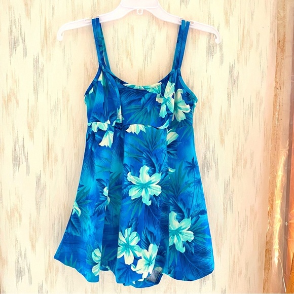 VTG Mainstream Women's Size 12 Tropical Floral One Piece Skirted Swimsuit Blue - Picture 1 of 13